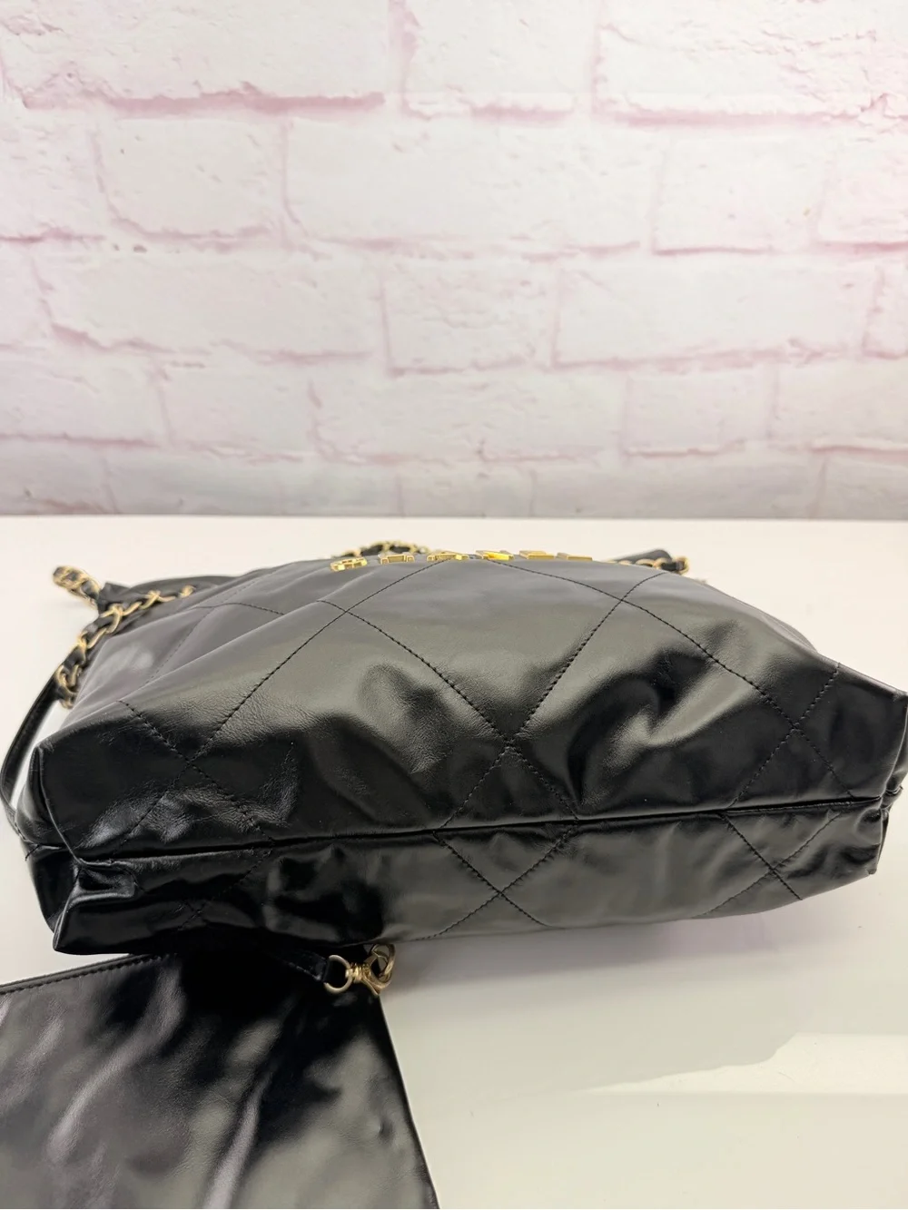 Chanel NWT 22 Shiny Black Quilted Calfskin Leather Hobo Bag with Pouch